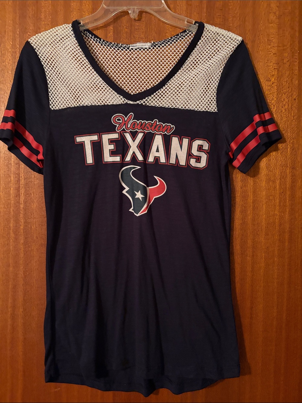 Houston Texans Navy V-Neck Mesh Yoke Women's Tee